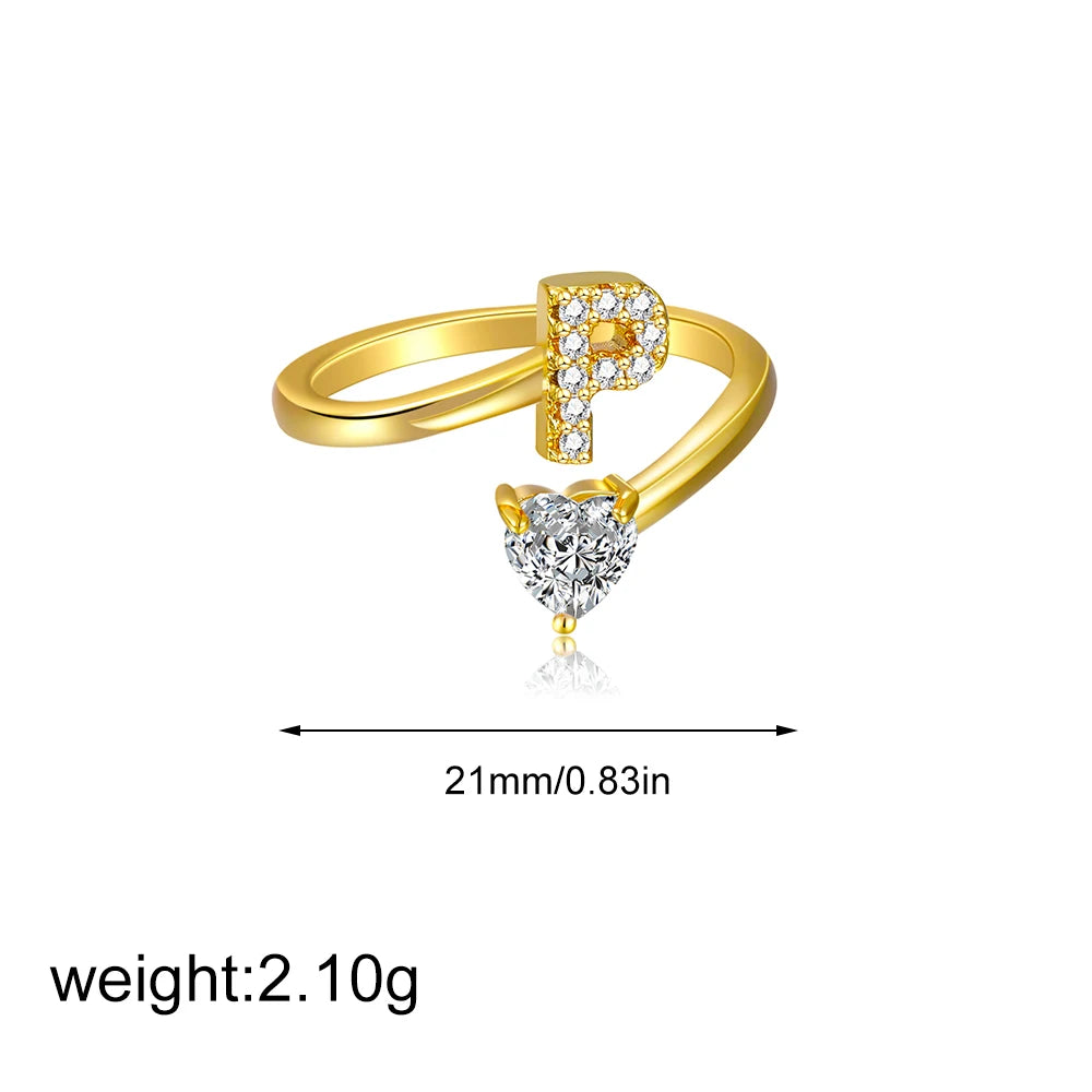 Polished Gold Plated Copper A-Z Letter Initial Ring with Zircon Heart Wedding Jewelry