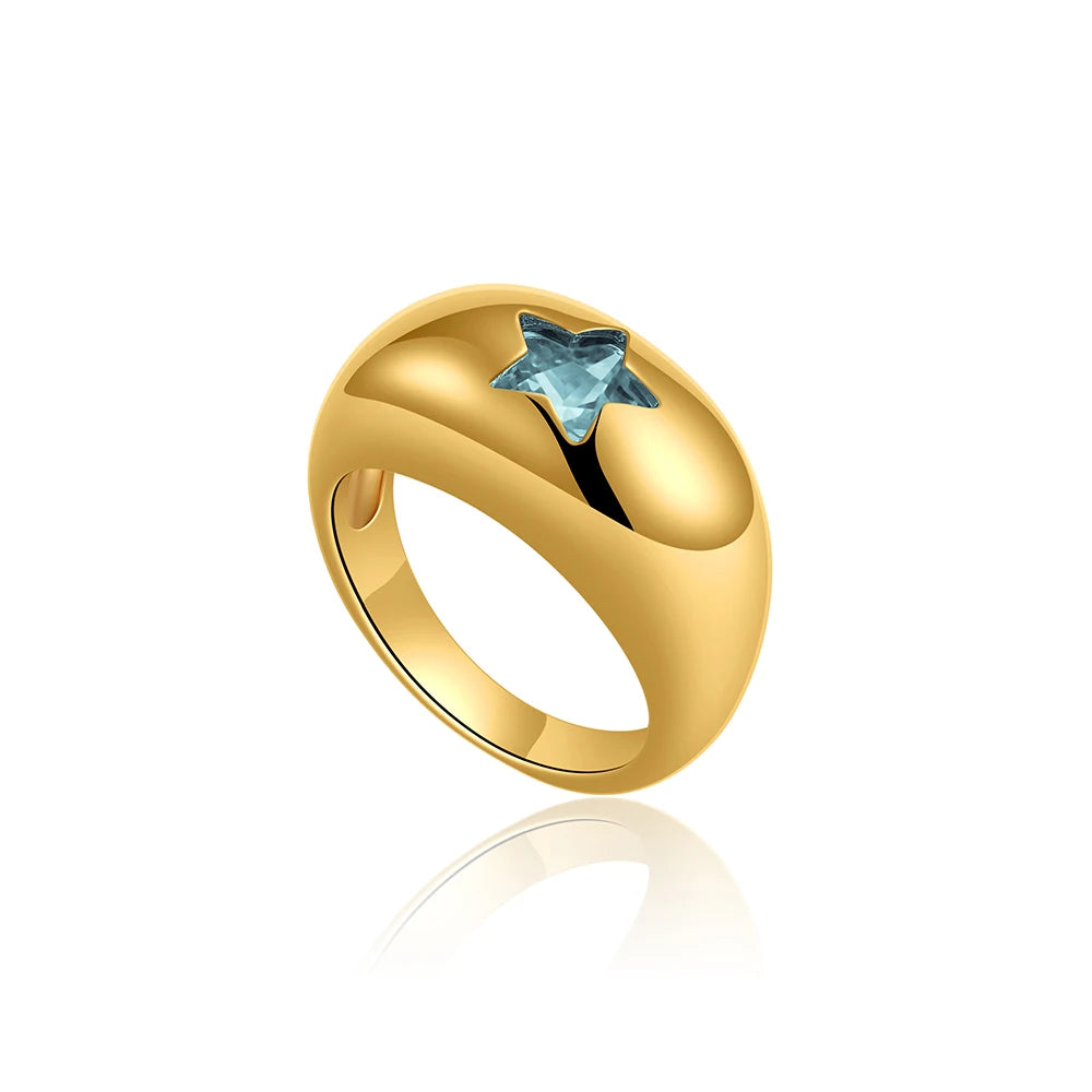 Stainless Steel Pink Star Crystal Chunky Dome Ring Women Sparkle CZ Zircon Knuckle Ring