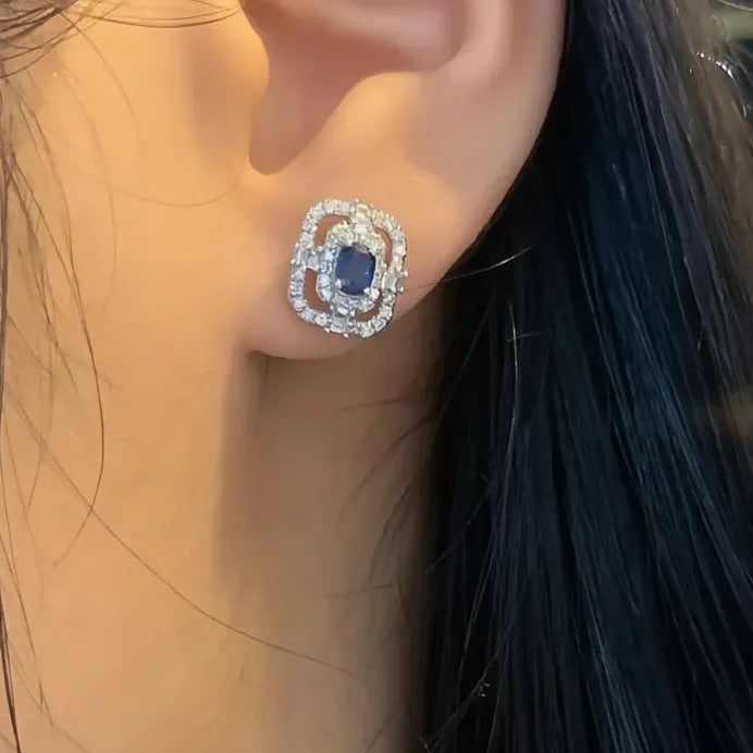 Geometric Blue Cubic Zirconia Stud Earrings for Women Modern Elegance