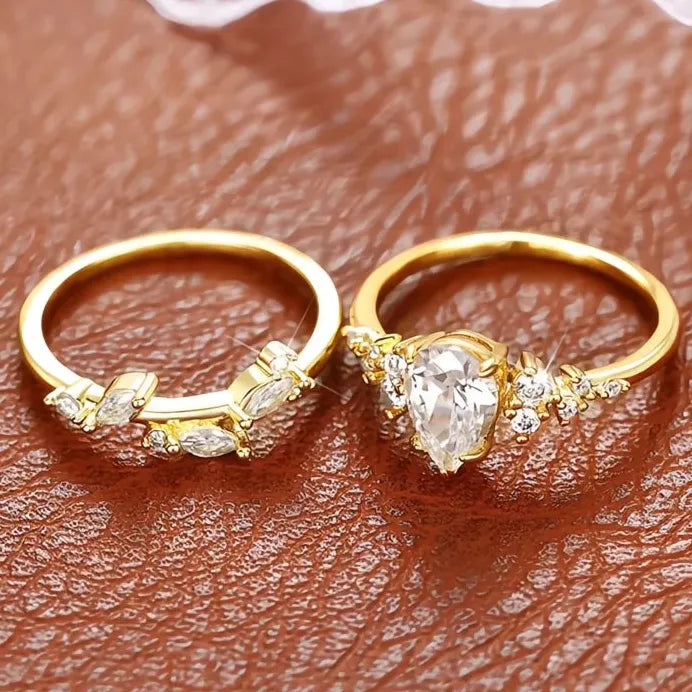 Pear Cubic Zirconia Bridal Wedding Ring Set Gold Tone Elegant Jewelry
