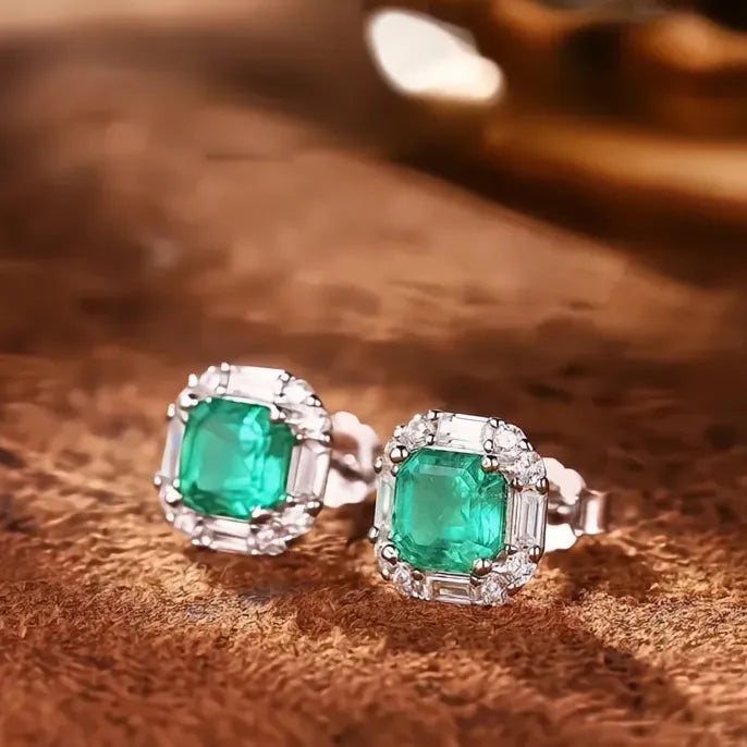 Green Geometric Cubic Zirconia Stud Earrings for Women in Copper Alloy Jewelry