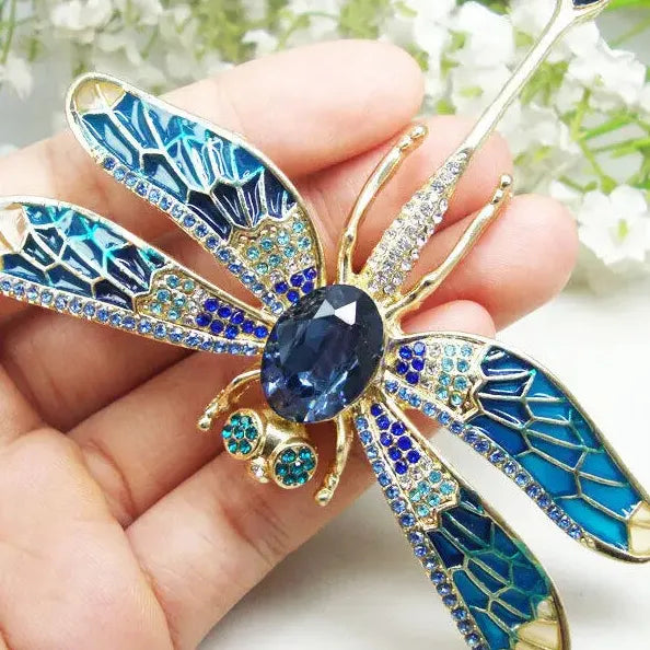 Blue Crystal Rhinestone Dragonfly Brooch Lapel Pin Gift for Women