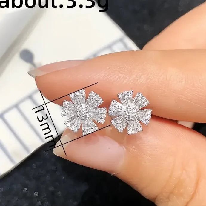 Flower Shaped AAA Cubic Zirconia Silver Color Copper Alloy Stud Earrings