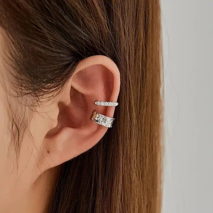 2Pcs Silver Crystal Clip Earrings Women Girls Minimalist Metal C-Shaped Ear Cuff Jewelry