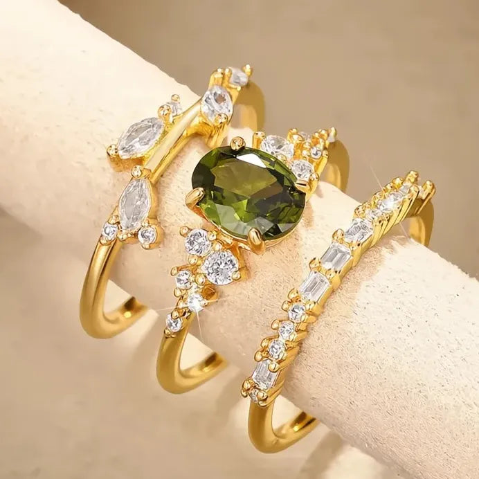 Oval Olive Leaf CZ Bridal Ring Set for Women Wedding Party Brass Jewelry