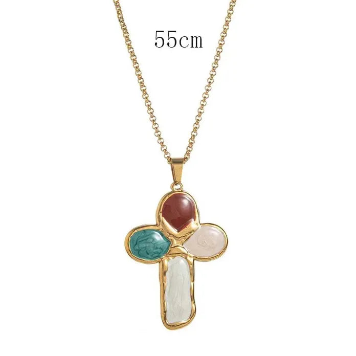Stainless Steel Cross Pendant Necklace Men Women Colorful Stone Punk Hiphop Jewelry