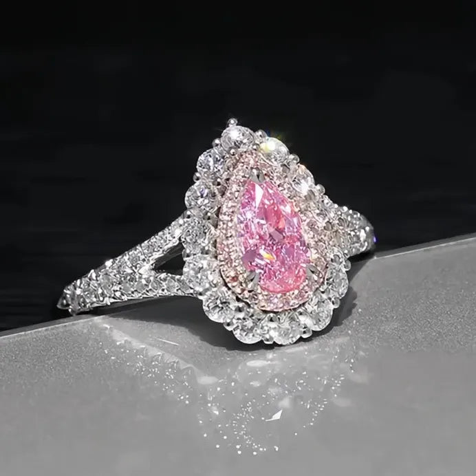 Elegant Pink Waterdrop Cubic Zirconia Wedding Band Ring for Women