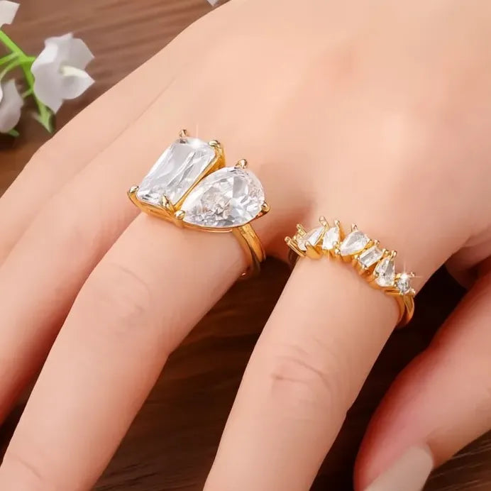 Pear Square Cubic Zirconia Wedding Rings Set Gold Color Elegant 2023