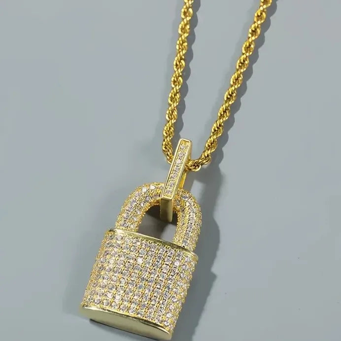 Rock Lock Cubic Zirconia Pendant Necklace Unisex Hip Hop Statement Jewelry