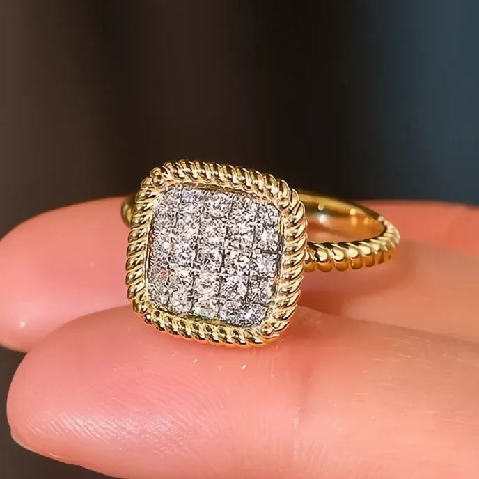 Modern Two-Tone Brass Women’s Wedding Band Ring Square Shape Cubic Zirconia Jewelry