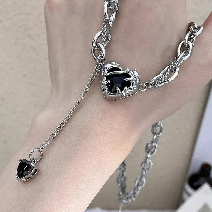 Black Zircon Heart Star Sun Pendant Zinc Alloy Choker Necklace Y2K EMO Vintage