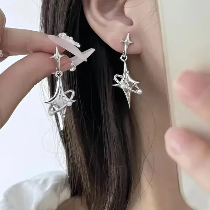 Cool Y2K Star Drop Earrings Cross Pearl Crystal Korean Punk Jewelry Trendy