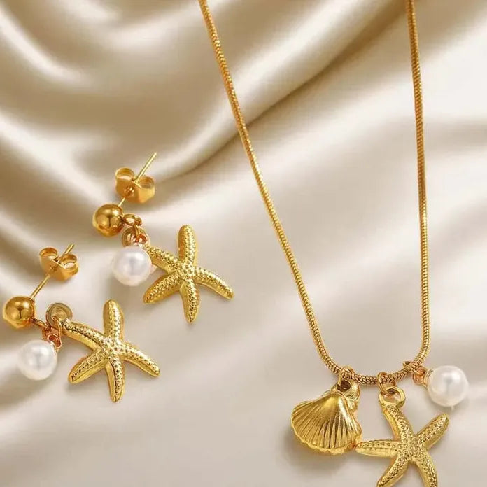 Stainless Steel Starfish Pendant Necklace for Women Gold Chain Choker Jewelry Set