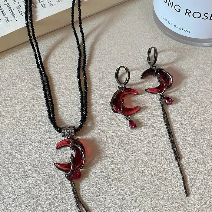 Gothic Moon Pendant Necklace & Tassel Rose Earrings Zinc Alloy Y2K Jewelry