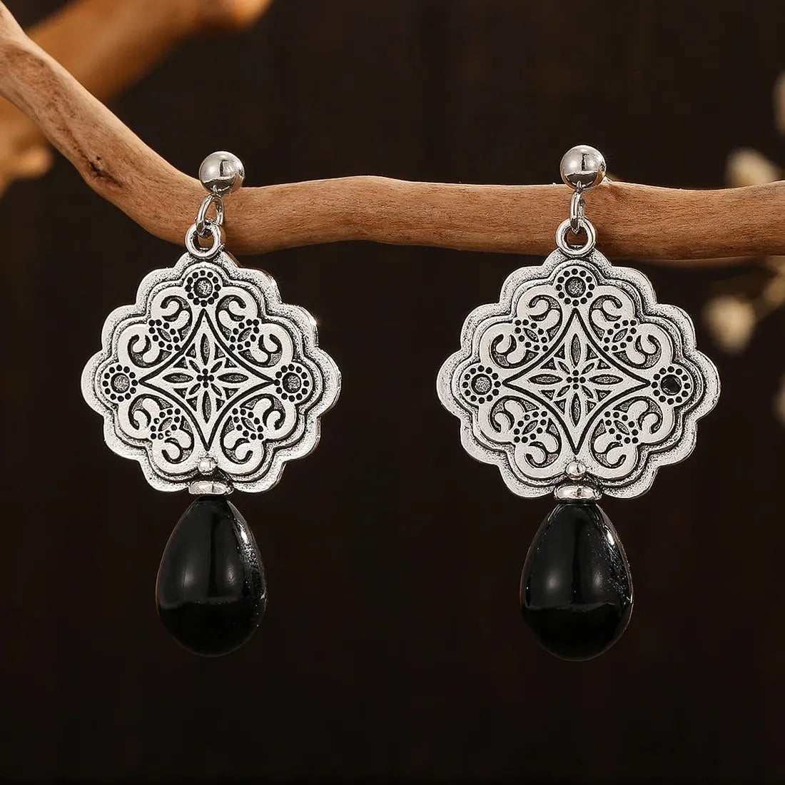 Ethnic Vintage Colorful Round Stone Hoop Hollow Dangle Zinc Alloy Earrings