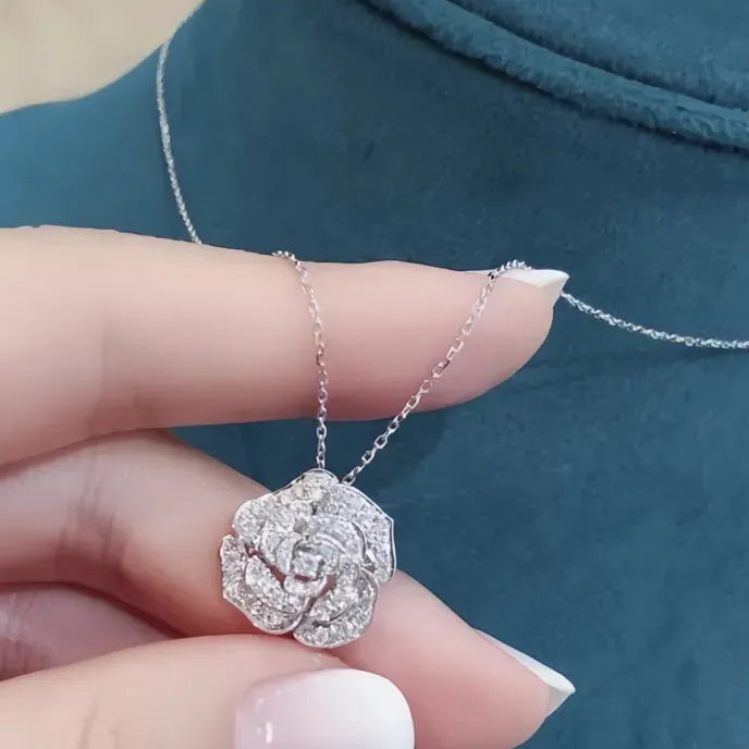 Geometric Flower Pendant Necklace for Women Silver Cubic Zirconia Wedding Jewelry
