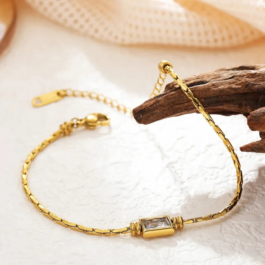 Adjustable Gold Plated Stainless Steel Snake Chain Square Crystal Zirconia Bracelet Women