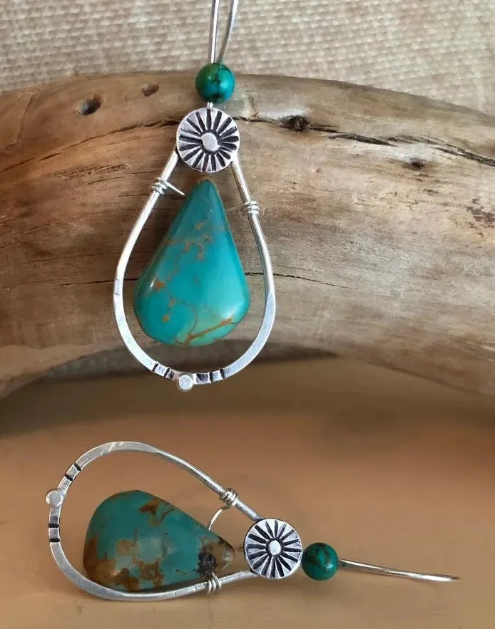Vintage Geometry Deep Synthetic Sapphire Pendant Earrings Women Ethnic Blue Beads Zinc Alloy Jewelry