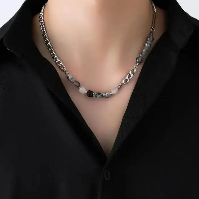 Stainless Steel Gray Glass Beaded Choker Necklace for Men Women Hiphop Jewelry Gift
