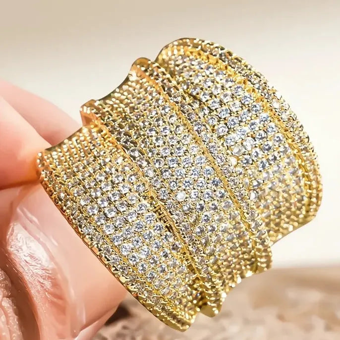 Luxury Wide Cocktail Ring for Women Wedding Party Fashion Brass Cubic Zirconia Jewelry Gold/Silver Color