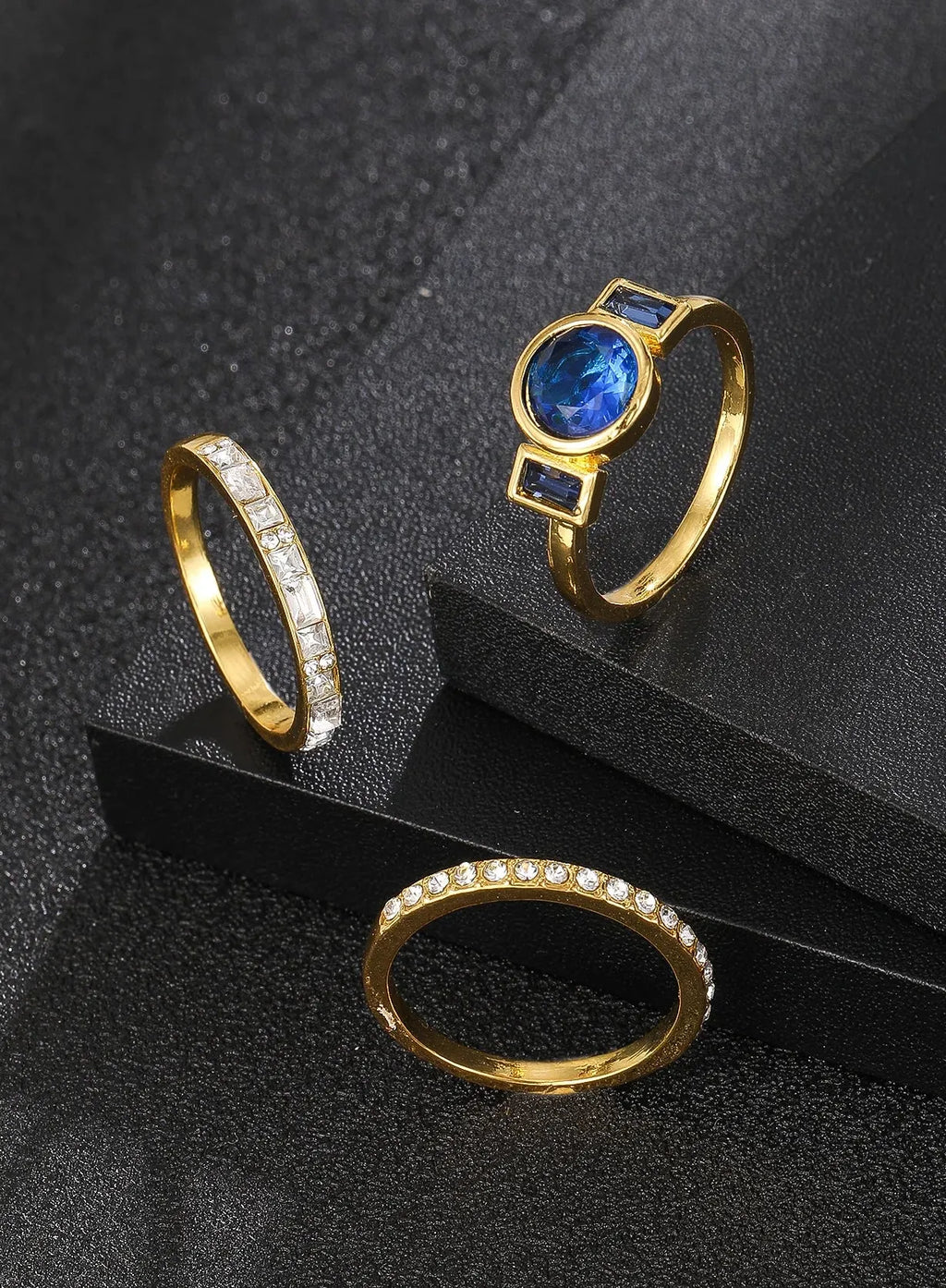 3Pcs Women’s Fashion Gold Zinc Alloy Blue Round Stone Rings Party Gift