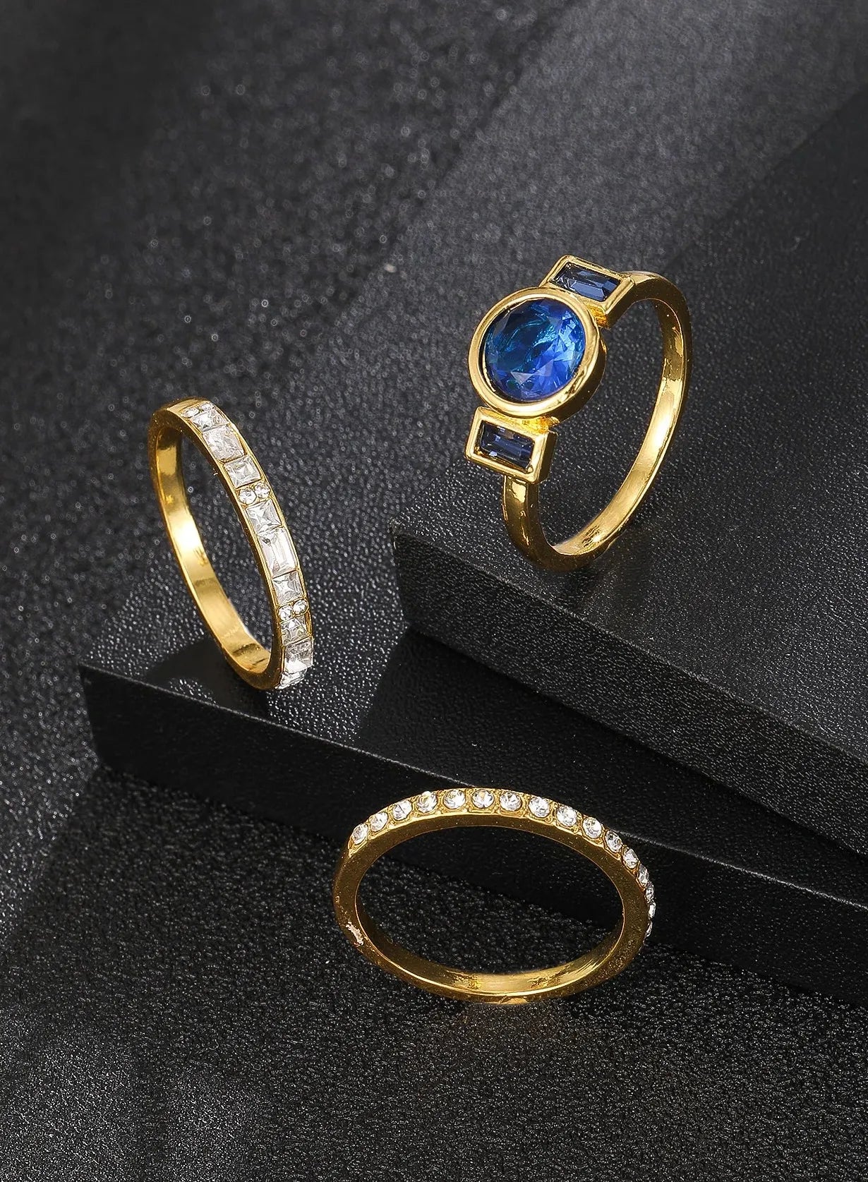 3Pcs Women’s Fashion Gold Zinc Alloy Blue Round Stone Rings Party Gift