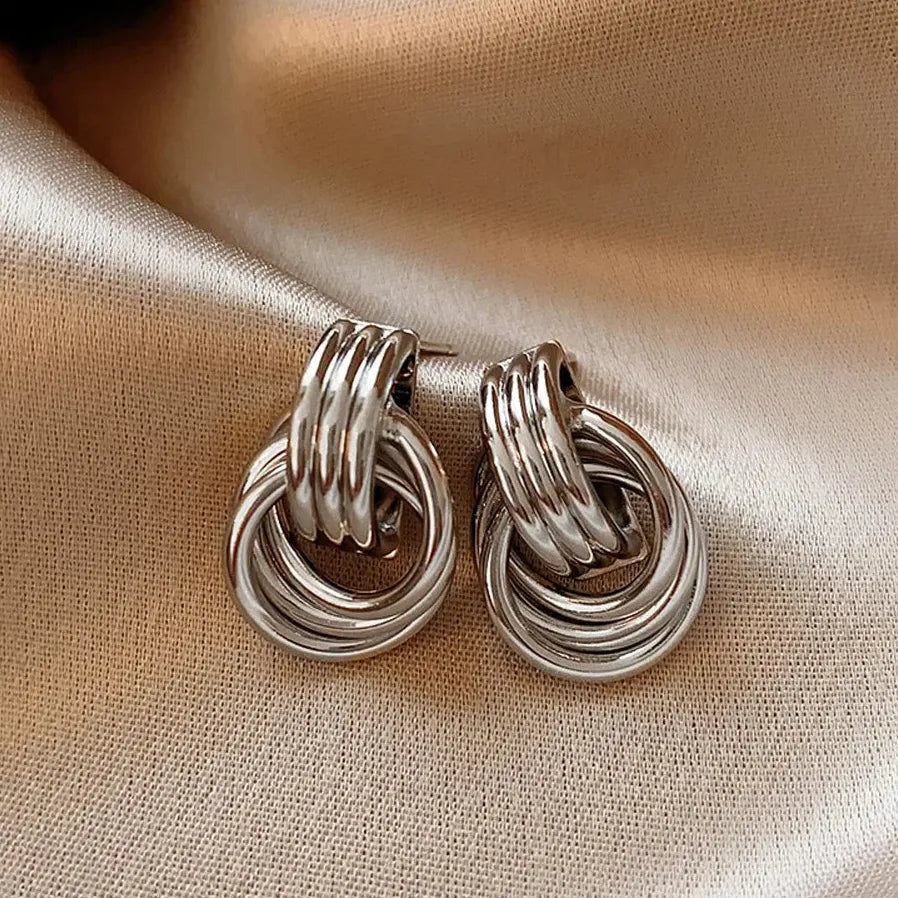 Geometric Irregular Striped Large Gold Metal Drop Earrings for Women