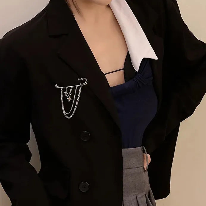 Punk Cross Multilayer Chain Tassel Brooch Zinc Alloy Pin for Men Women