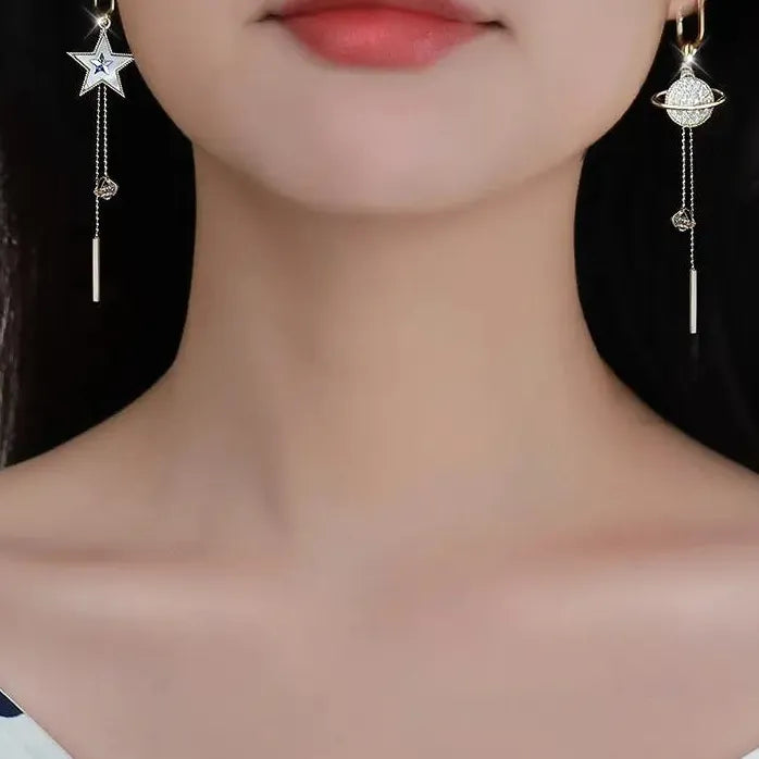 Pentagram Asymmetric Long Tassel Earrings Rhinestone Star Jewelry for Women