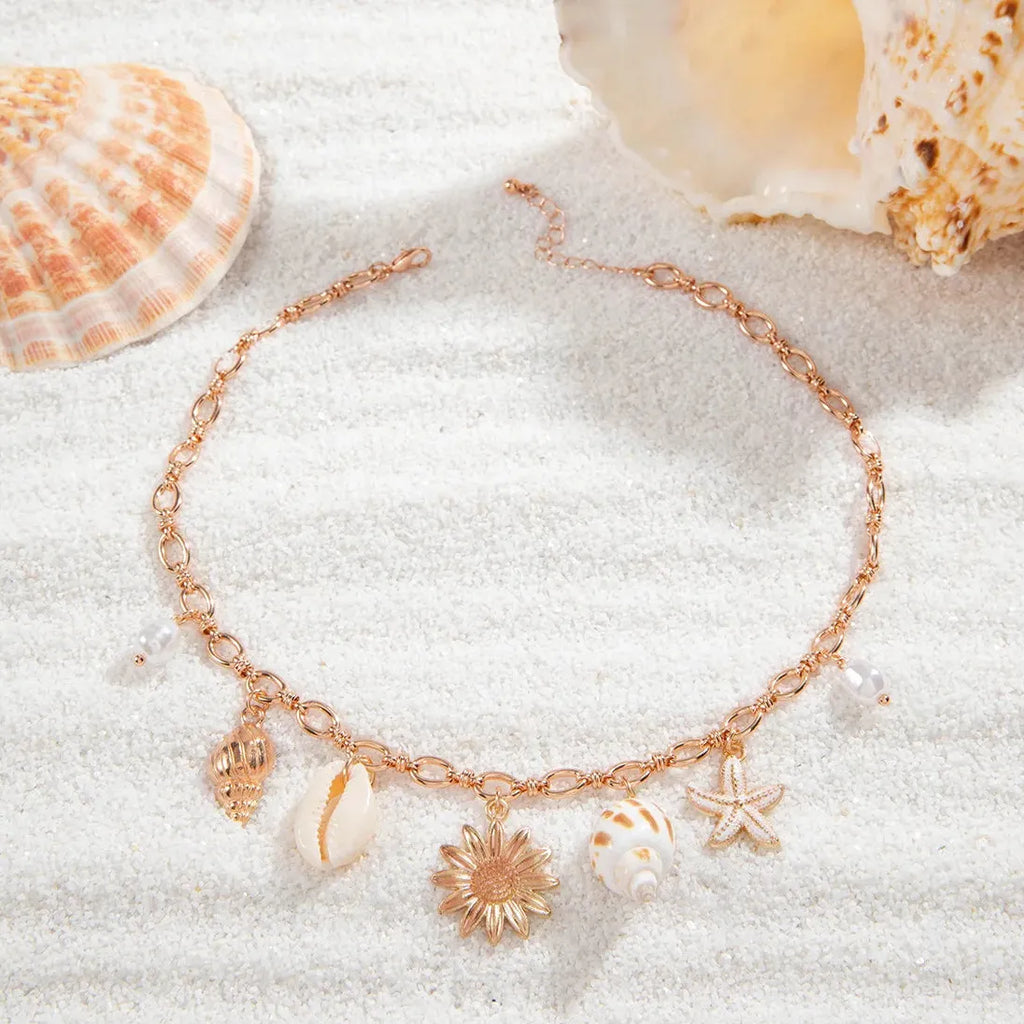 Kpop Boho Starfish Scallops Tassel Pearl Choker Necklace for Women