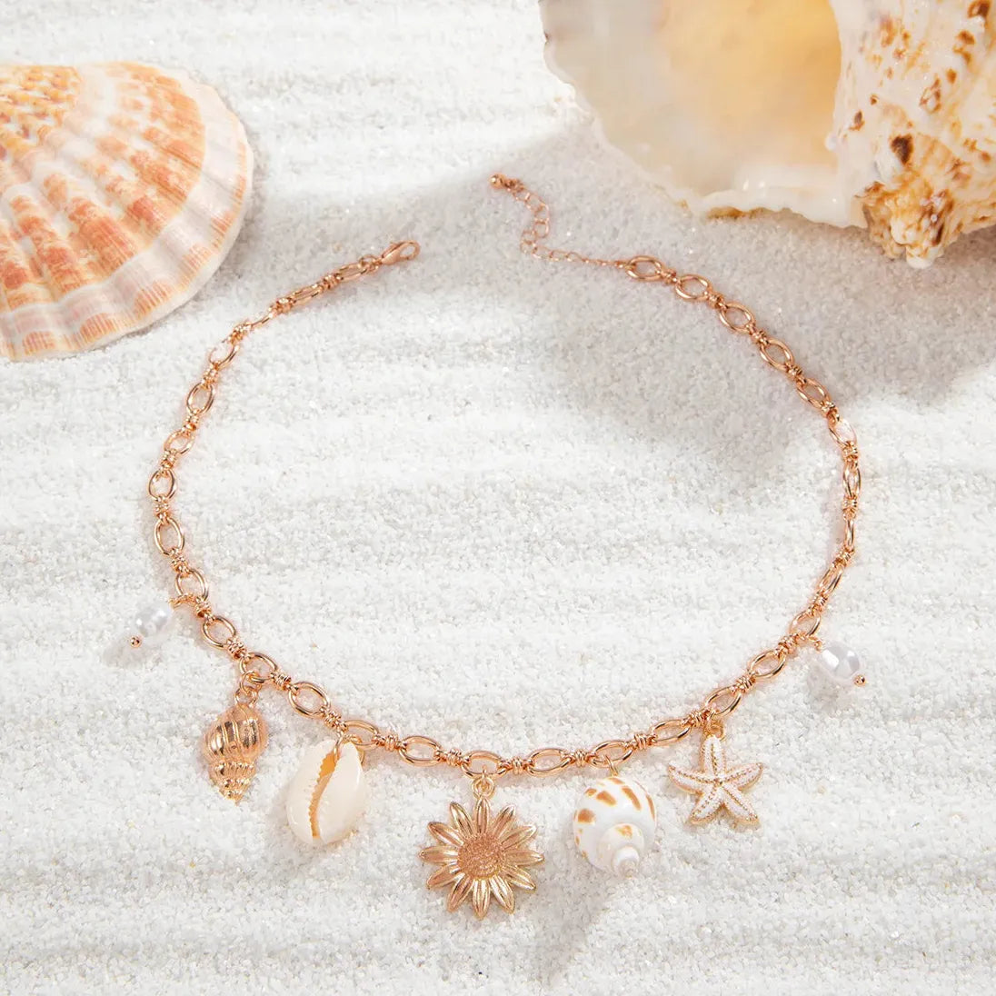 Kpop Boho Starfish Scallops Tassel Pearl Choker Necklace for Women