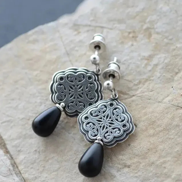 Ethnic Vintage Colorful Round Stone Hoop Hollow Dangle Zinc Alloy Earrings