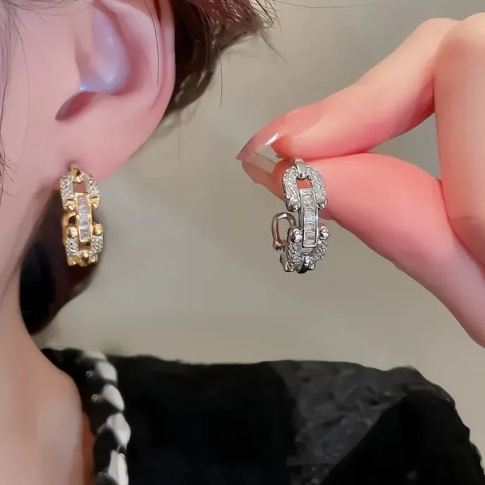 Chain Link Geometric Hoop Earrings for Women Girls, Copper Alloy CZ Silver Gold