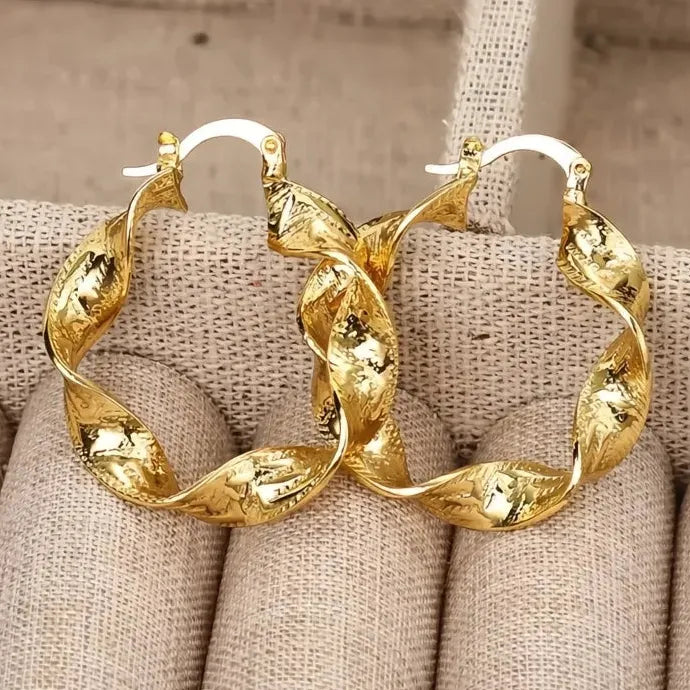 Chunky Twisted Textured Gold Hoop Earrings for Women Brass Alloy
