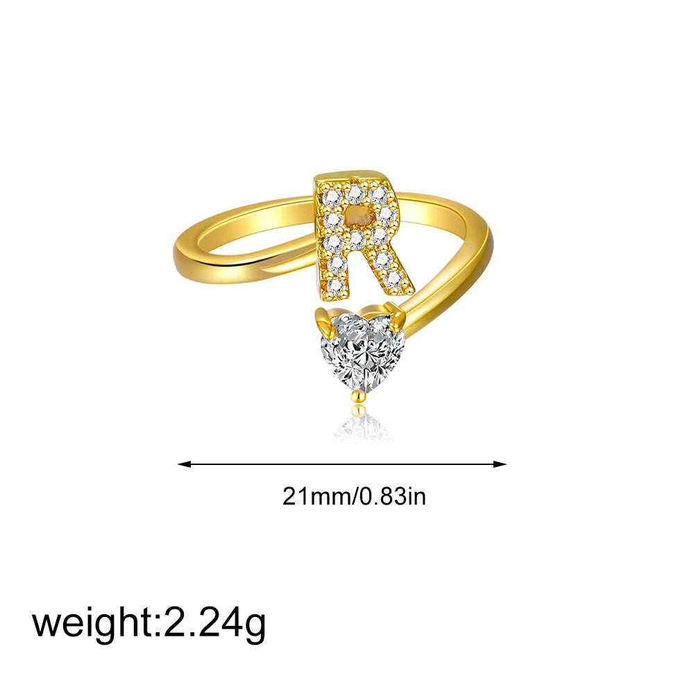 Polished Gold Plated Copper A-Z Letter Initial Ring with Zircon Heart Wedding Jewelry