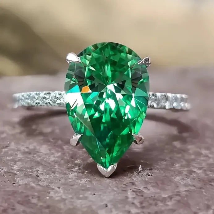 Pear Green CZ Waterdrop Geometric Wedding Engagement Ring for Women