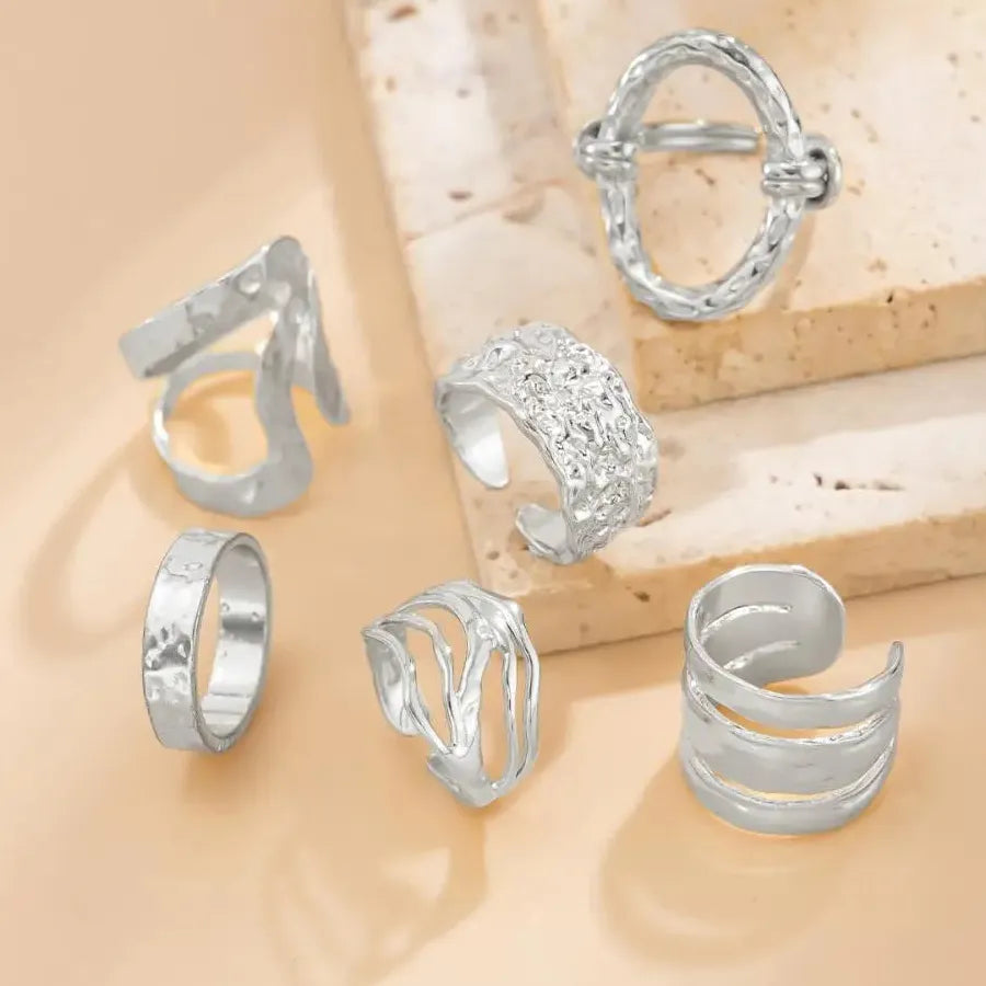 6Pcs Boho Geometric Irregular Hollow Rings Set for Women Fashion Jewelry