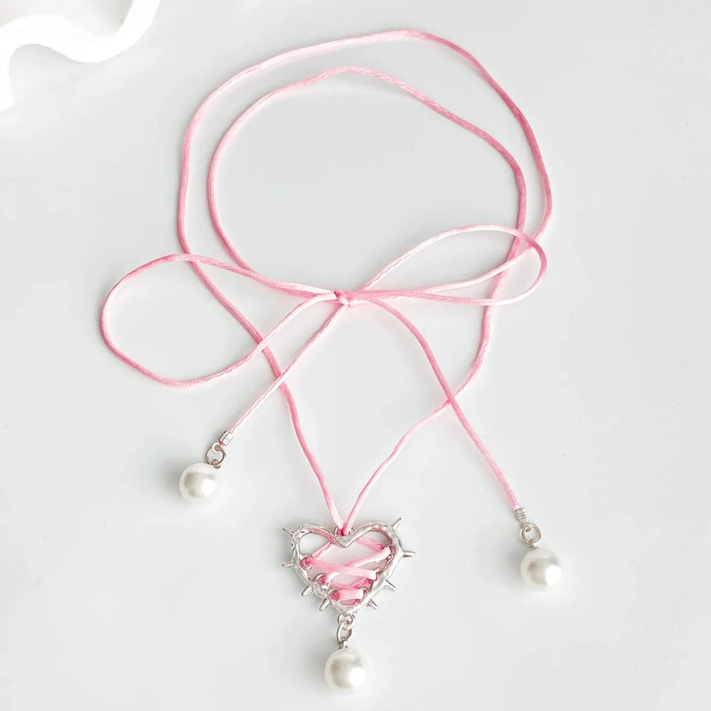 Pink Black Bow Tie Heart Pearl Pendant Necklace for Women Jewelry