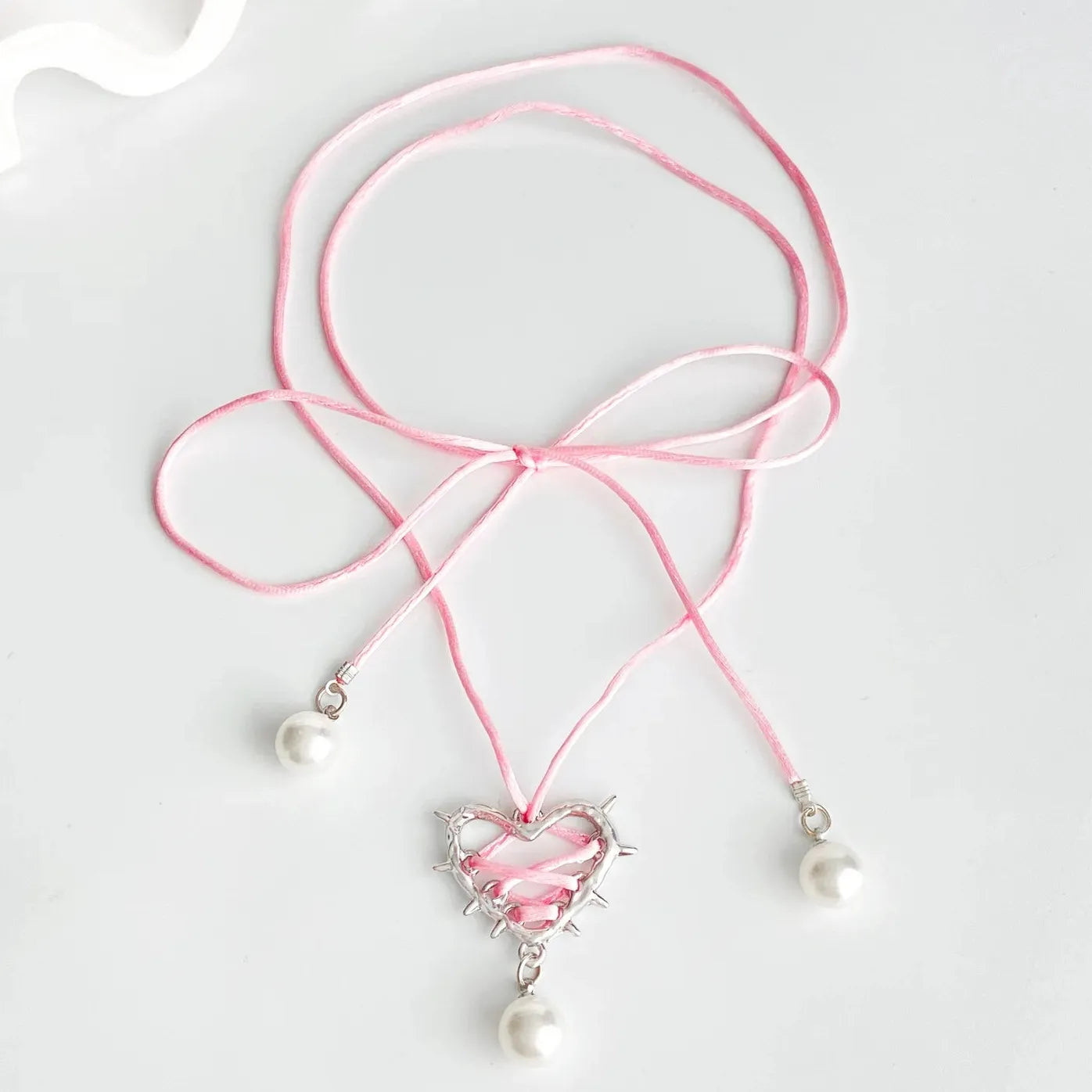 Pink Black Bow Tie Heart Pearl Pendant Necklace for Women Jewelry