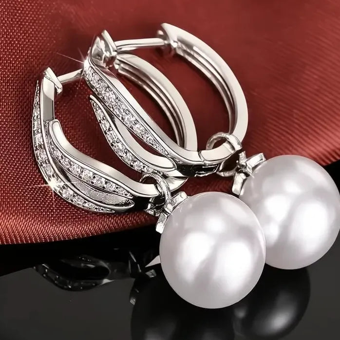 Geometric Simulated Pearl Drop Earrings with CZ Inlay for Women