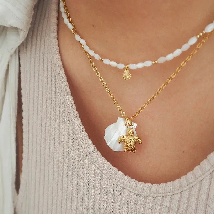 Boho White Shell Pendant Necklace Gold Stainless Steel Sea Turtle Star Choker