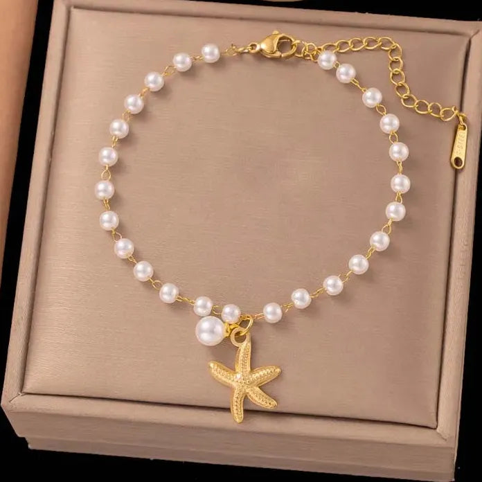 Stainless Steel Starfish Pearl Pendant Necklace Set for Women Gold Chain Gift