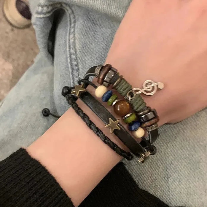 Handmade Brown Leather Hippie Bracelet Women Metal Star Note Charms Wrap Adjustable Boho