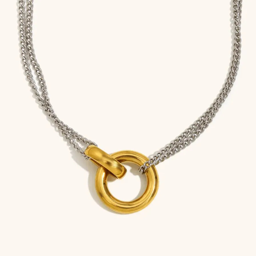 Retro Two-Tone 18K Gold Plated Circle Pendant Necklace for Women Waterproof Gift