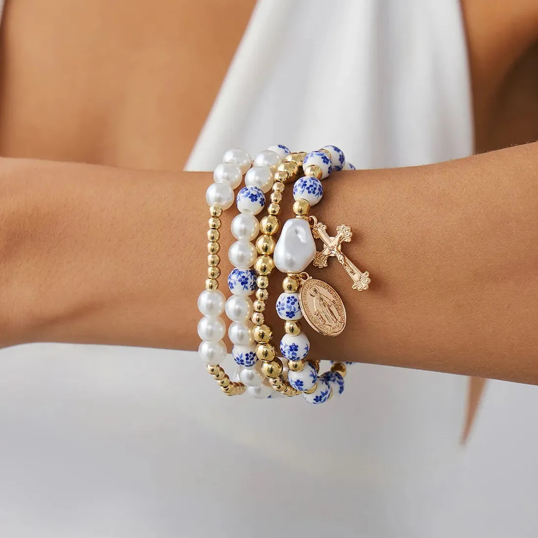 4pcs Blue White Porcelain Round Bead Bracelet Women Geometric Pearl Cross Jewelry