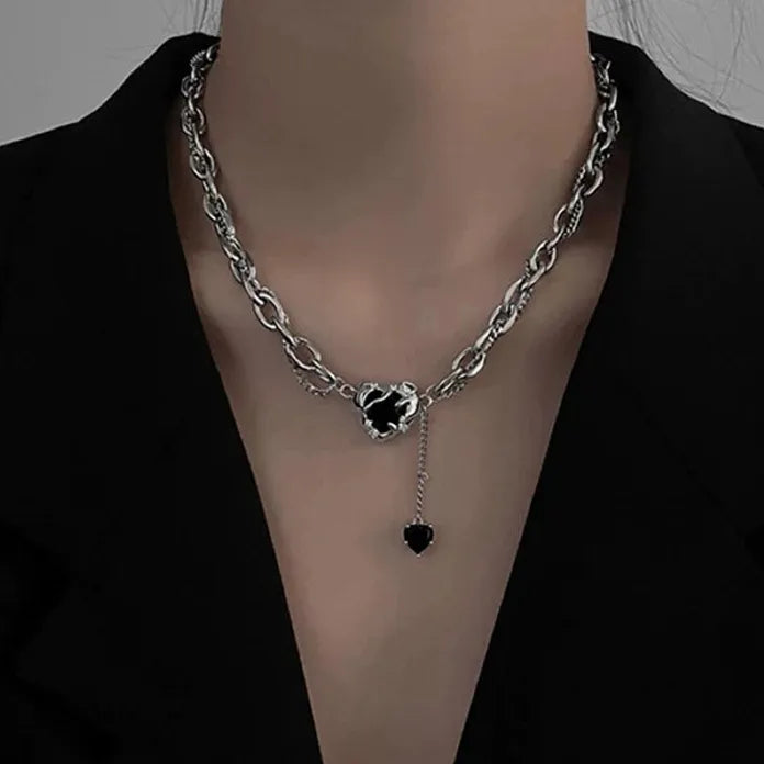 Black Zircon Heart Star Sun Pendant Zinc Alloy Choker Necklace Y2K EMO Vintage