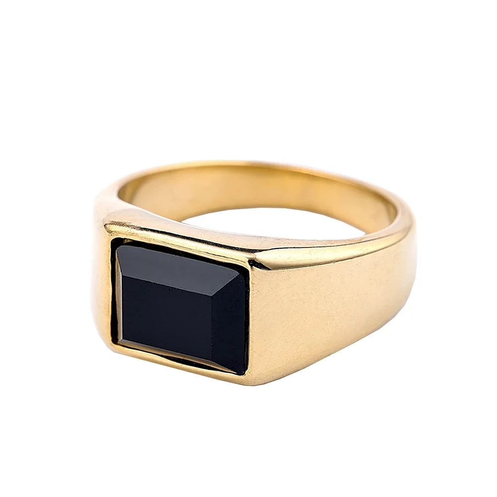 Punk Vintage Black Gemstone Ring Stainless Steel Biker Jewelry for Men Women