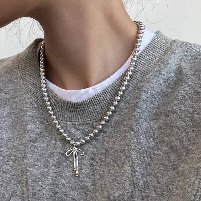 Y2K Elegant Bowknot Pendant Choker Necklace & Gray Pearl Earrings Set
