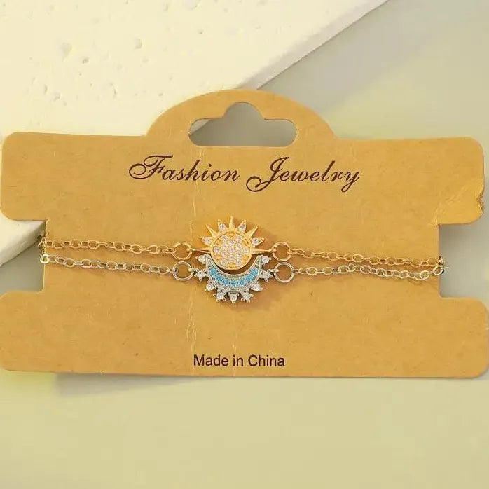 2Pcs Adjustable Copper Bracelets Sun Moon Star Rhinestone Gift Set