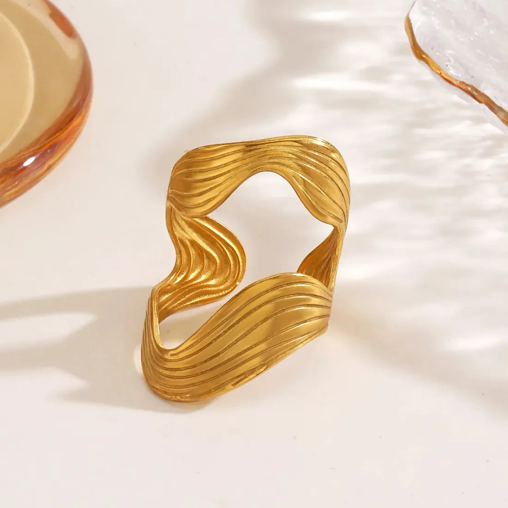 Vintage Geometric Wide Stainless Steel Cocktail Ring for Women Jewelry Gift